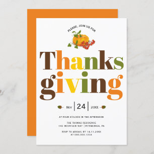 Colourful typography pumpkin fall Thanksgiving Invitation