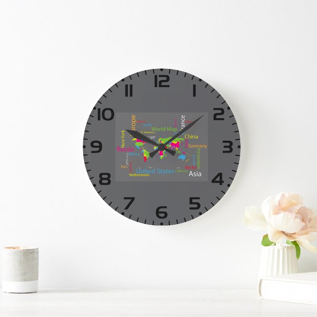 Colourful Typography World Map Modern Word Travel  Large Clock (Creator Uploaded)