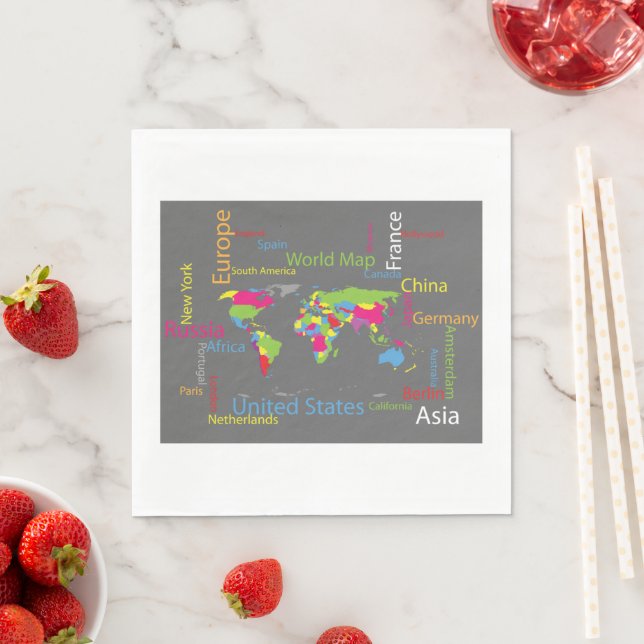 Colourful Typography World Map Modern Word Travel  Napkin (Insitu)