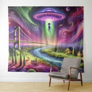 Colourful UFO Abduction Scene Alien and Cosmic Sky Tapestry