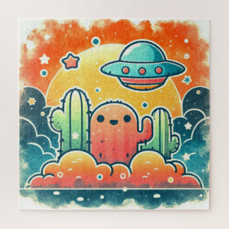 Colourful UFO Cactus Desert Scene Jigsaw Puzz Jigsaw Puzzle