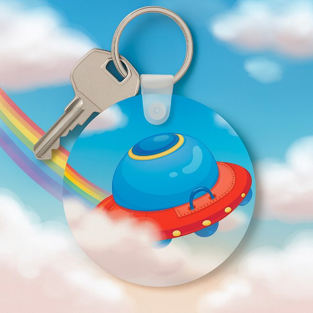 Colourful UFO Spaceship Flying Through Clouds Key Ring (Creator Uploaded)