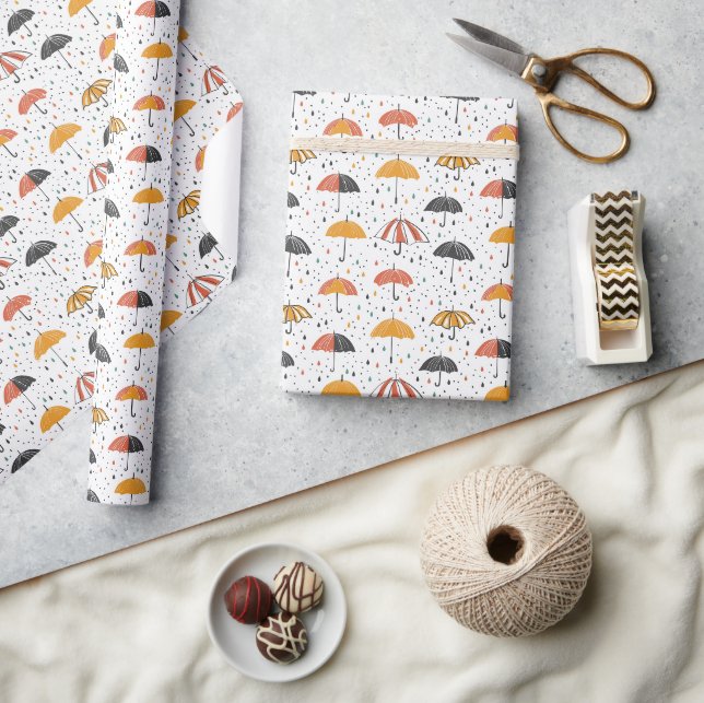 Colourful Umbrellas and Raindrops Wrapping Paper (Crafts)
