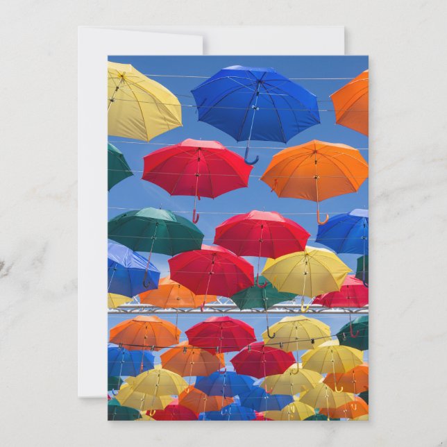 Colourful umbrellas in the sky blue orange red  invitation (Front)