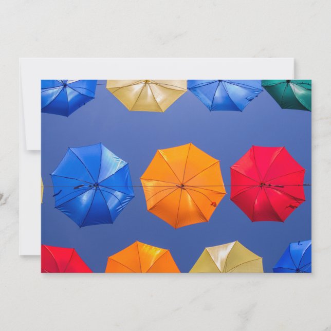 Colourful umbrellas in the sky blue orange red   invitation (Front)