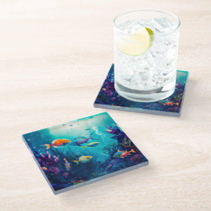 Colourful under the sea landscape glass coaster