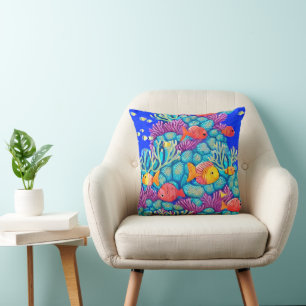 Colourful Underwater Coral Reef Seamless Pattern Cushion