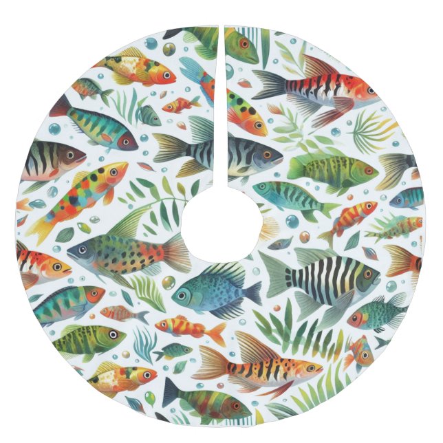 Colourful underwater fish art brushed polyester tree skirt (Front)