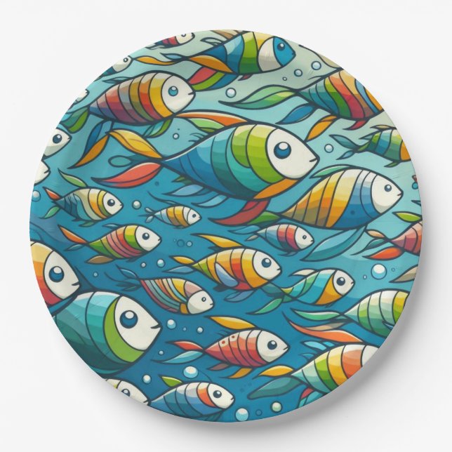 Colourful underwater fish art paper plate (Front)