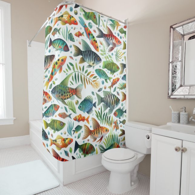 Colourful underwater fish art shower curtain (In Situ)