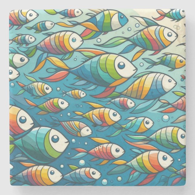 Colourful underwater fish art stone coaster (Front)