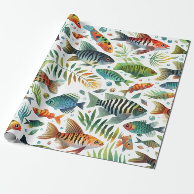 Colourful underwater fish art wrapping paper (Unrolled)