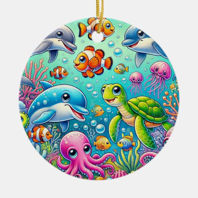 🌊 Colourful Underwater Glow 🐠 Playful Sea Life Ceramic Ornament (Front)