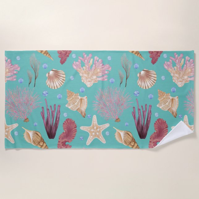 Colourful Underwater Life Pattern Beach Towel (Front)