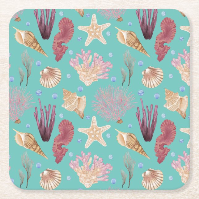 Colourful Underwater Life Pattern Square Paper Coaster (Front)