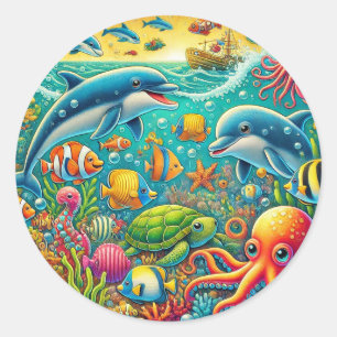 Colourful Underwater Scene Featuring Marine Life Classic Round Sticker