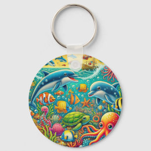 Colourful Underwater Scene Featuring Marine Life Key Ring