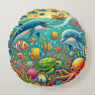 Colourful Underwater Scene Featuring Marine Life Round Cushion