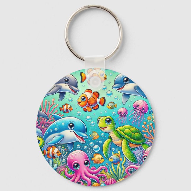 Colourful Underwater Scene Featuring Playful Sea Key Ring (Front)
