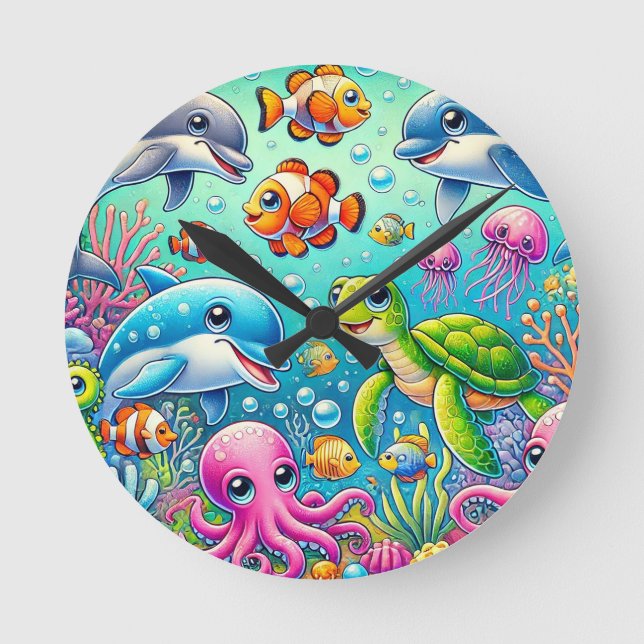 Colourful Underwater Scene Featuring Playful Sea Round Clock (Front)