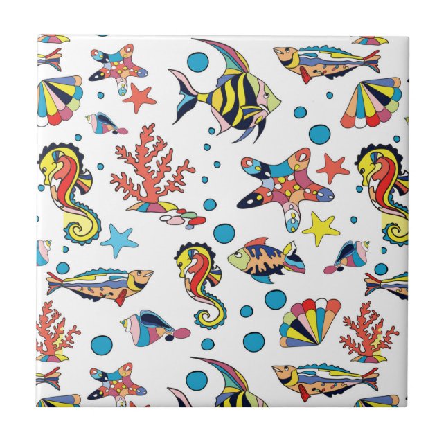 Colourful Underwater Sea Life Pattern Tile (Front)
