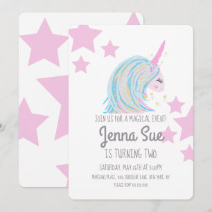 Colourful Unicorn and Pink Stars Birthday Party Invitation