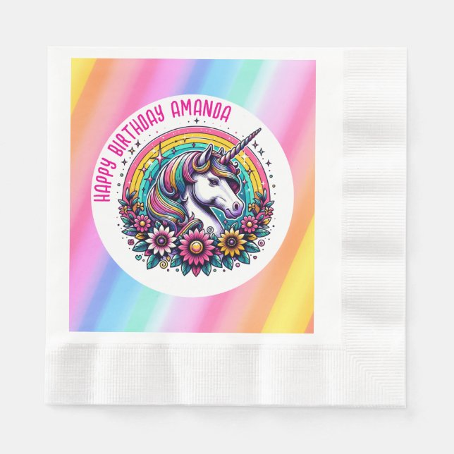 Colourful Unicorn and Rainbow Personalised Birthda Napkin (Front)