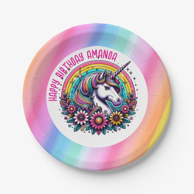 Colourful Unicorn and Rainbow Personalised Birthda Paper Plate (Front)