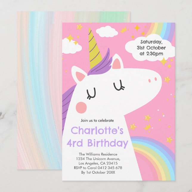 Colourful Unicorn and Rainbows Birthday Party  Invitation (Front/Back)