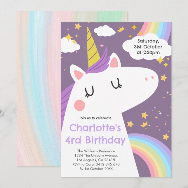   Colourful Unicorn and Rainbows Birthday Party  Invitation (Front/Back)