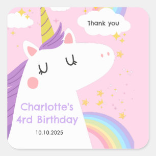 Colourful Unicorn and Rainbows Birthday Party Square Sticker