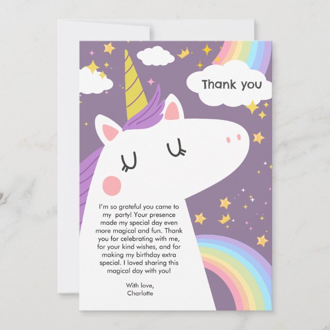 Colourful Unicorn and Rainbows Birthday Party  Thank You Card (Front)