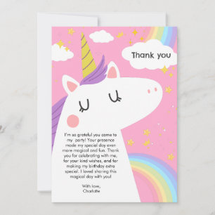 Colourful Unicorn and Rainbows Birthday Party  Thank You Card
