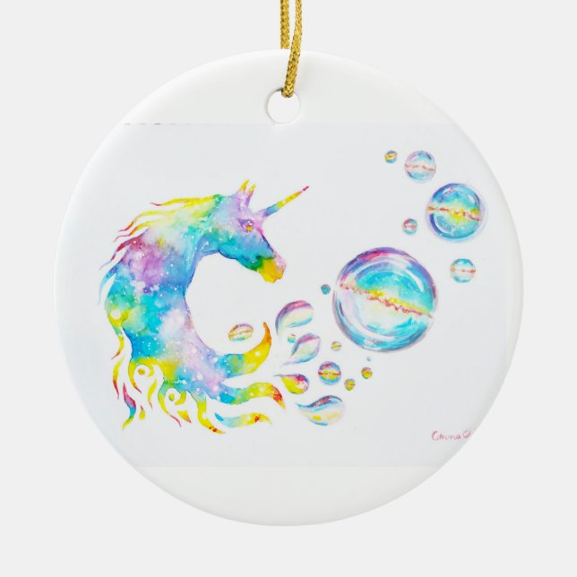 Colourful unicorn and spheres ceramic ornament (Front)