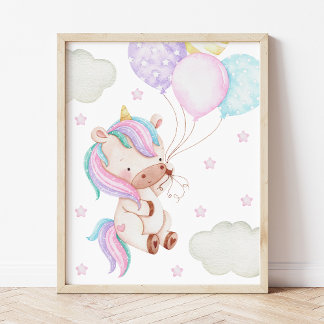 Colourful Unicorn, Balloons, Stars, Girl Nursery Poster