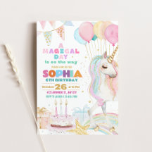 Colourful Unicorn Birthday Cake Party Invitation