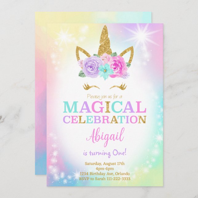 Colourful Unicorn Birthday Invite (Front/Back)