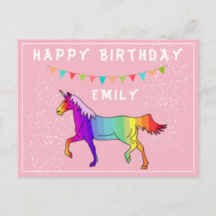 Colourful Unicorn Bunting Flag Pink Happy Birthday Postcard