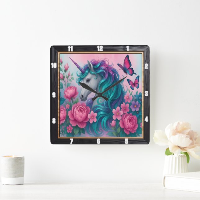 Colourful Unicorn Butterfly Floral  Square Wall Clock (Home)
