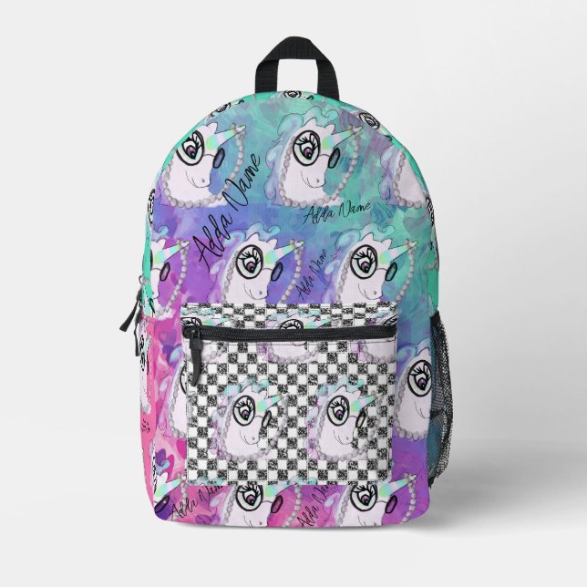 Colourful Unicorn Chequered Editable Name Printed Backpack (Front)