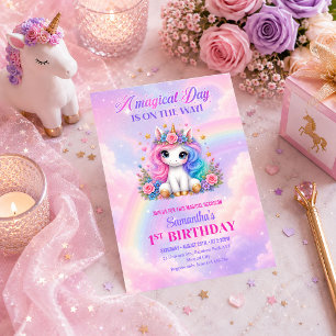 Colourful Unicorn Girl Birthday Pastel Invitation