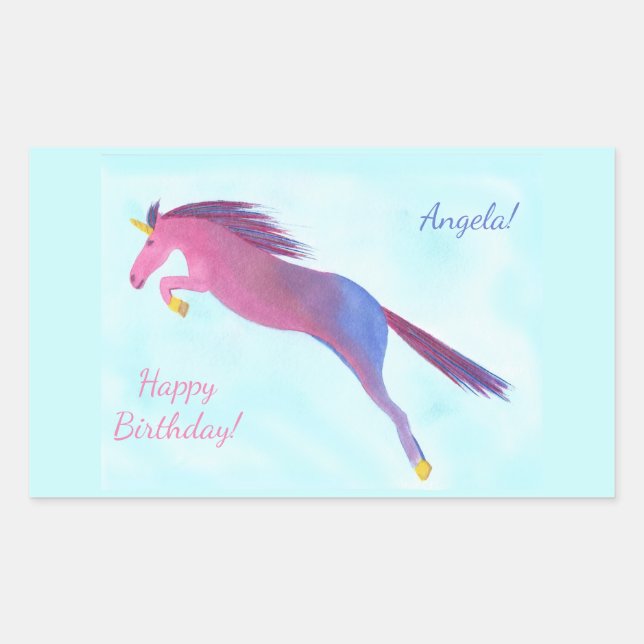 Colourful Unicorn Happy Birthday Personalised Rectangular Sticker (Front)