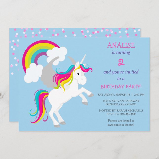 Colourful Unicorn Kids Birthday Party Invitation (Front/Back)