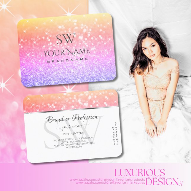 Colourful Unicorn Pastel Rainbow Glitter Initials Business Card (Creator Uploaded)