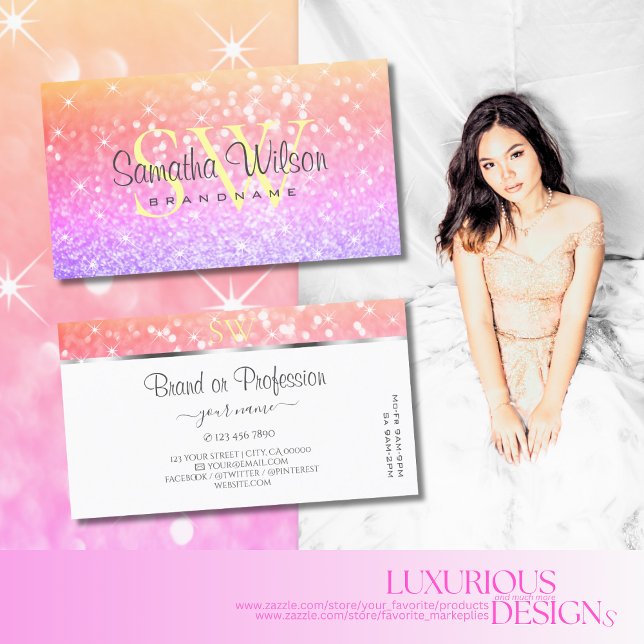 Colourful Unicorn Pastel Rainbow Glitter Monogram Business Card (Creator Uploaded)