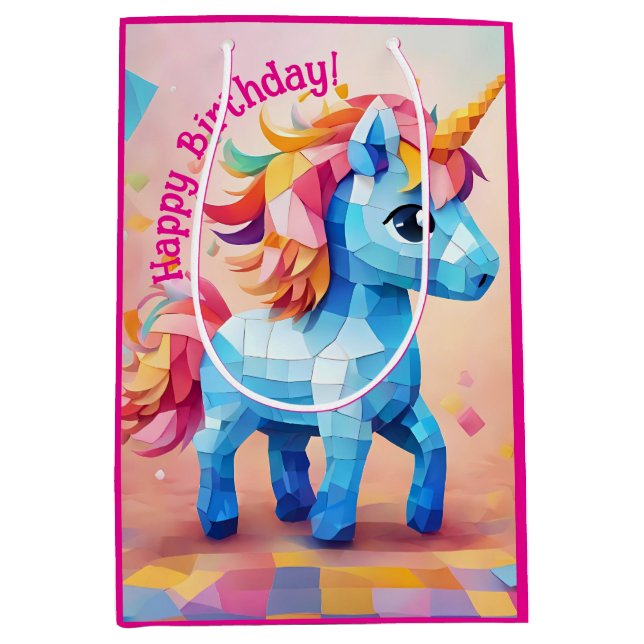 Colourful Unicorn Pinata Birthday Medium Gift Bag (Front)