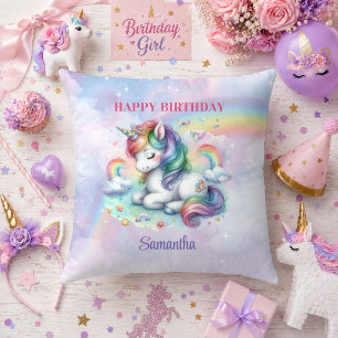 Colourful Unicorn Pink Purple Girl Birthday Pillow