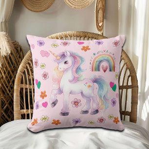 Colourful Unicorn Rainbow and Flowers   Cushion