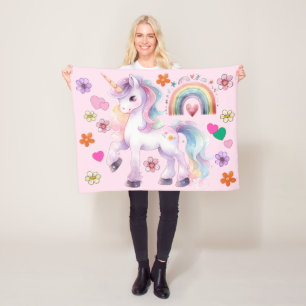 Colourful Unicorn Rainbow and Flowers Nursery Fleece Blanket