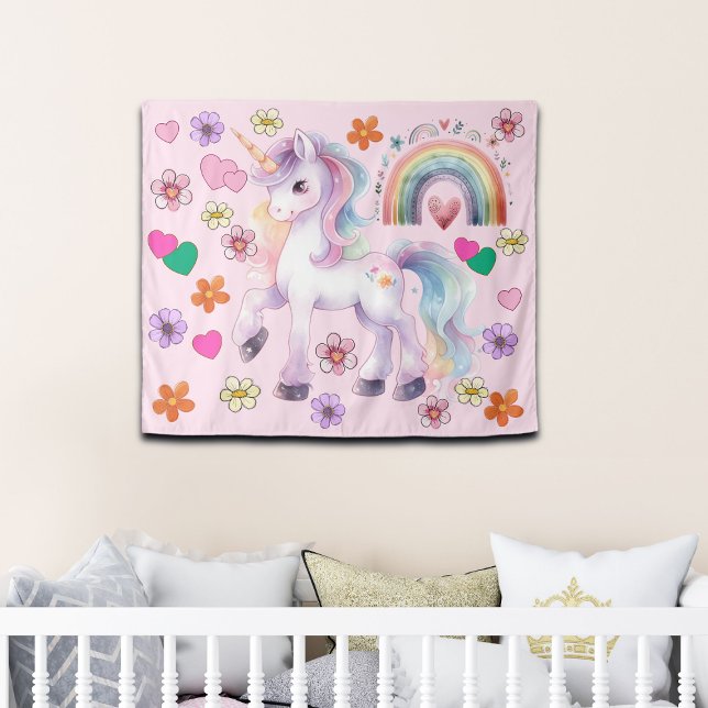 Colourful Unicorn Rainbow Flowers Nursery Backdrop Tapestry (Creator Uploaded)